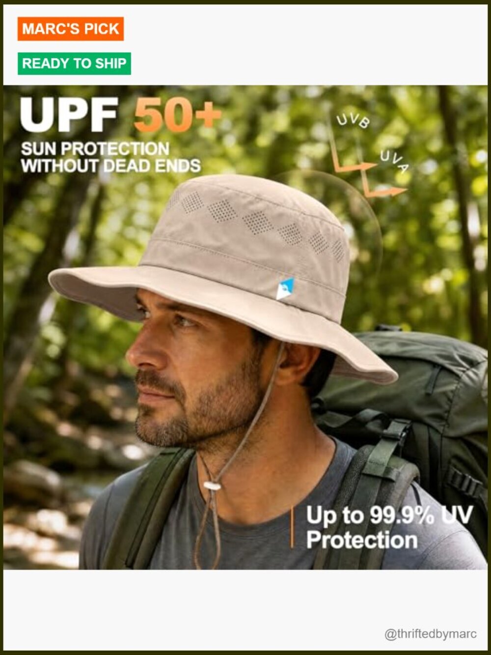 UPF 50+ Wide Brim Sun Hat, Breathable Mesh Bucket Hat for Hiking Fishing Beach, - Picture 2 of 7